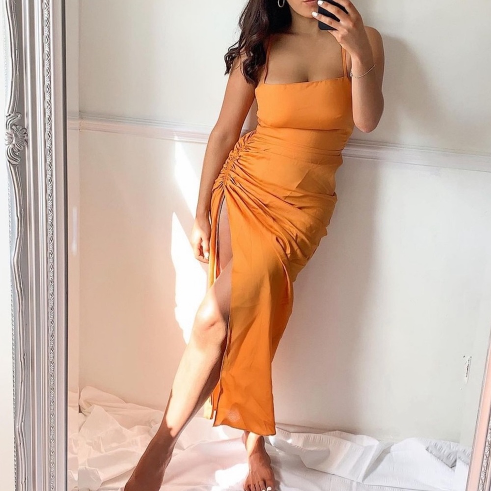 ZARA Linen Blend Long Straps Draped Square Neck Ruched Maxi Dress Orange XL